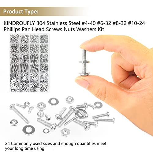 722 Pieces #4-40#6-32#8-32#10-24, Phillips Pan Head Machine Screws Nuts Assortment Kit, 304 Stainless Steel, Fully Machine Thread #4-40 #6-32 #8-32 #10-24