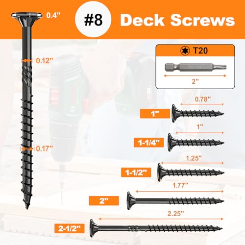 #8 x 1-1/2” Deck Screws, 250Pcs Star Drive Wood Screws 1-1/2 Inch Black 250