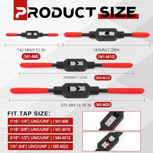 WILLBOND 4 Pcs Tap Wrench, 1/16"-1/4", 1/16"-3/8", 3/16"-1/2", 1/4"-3/4" 1/16"-1/4",1/16"-3/8", 3/16"-1/2", 1/4"-3/4"