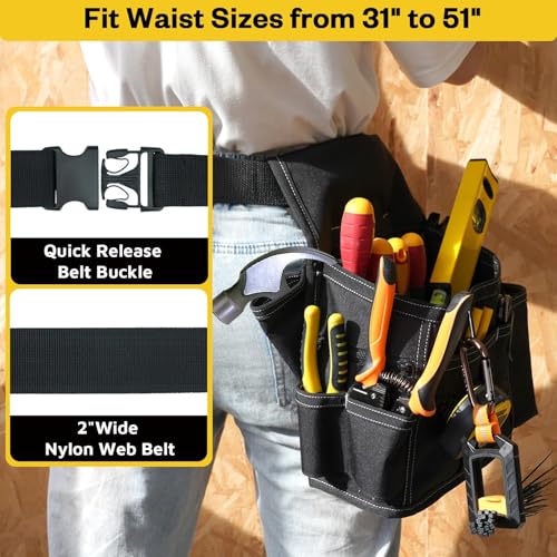 MELOTOUGH Professional Tool Belt Pouch,Small Tool Pouch with Belt,Design Multi-Functional Pockets for Electrician/Carpenter/Construction, Waist Fits 32-50 Inches Black