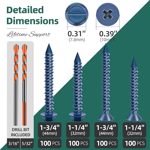 30Pcs 1/4 x 1-3/4" Concrete Screws Anchors with Drill Bit & 200Pcs Concrete Screws Anchors with Drill Bit, 3/16" 1/4" Hex & Flat Head Concrete Masonry Cement Screws Assortment Kit for Masonry