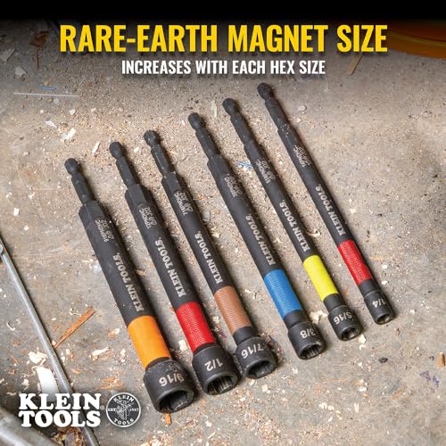Klein Tools 32930 SAE Magnetic Impact Nut Setter Set, 6-Piece Color Coded Power Nut Driver with Extended Reach, 6 SAE Sizes 6-Inch / 6-Piece Set, SAE, Extended