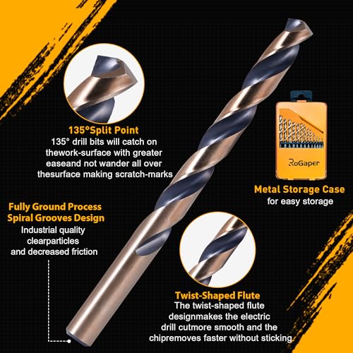 29Pcs Drill Bit Set, 135 Tip HSS with Black and Gold Finish, Metal Twist Jobber Drill Bit Kit for Hardened Metal, Steel, Plastic, Wood with Indexed Storage Case, 1/16" - 1/2" HSS-29PCS