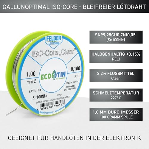 by Felder Soldering Wire Sn100Ni+ for General Electronic Applications, 1.0 mm, 100 g Spool, Lead-Free with 2.2% Flux Clear, REL1, for Electronics, Electrical Engineering and Printed Circuit Boards 100g Spule/1,0mm Durchmesser