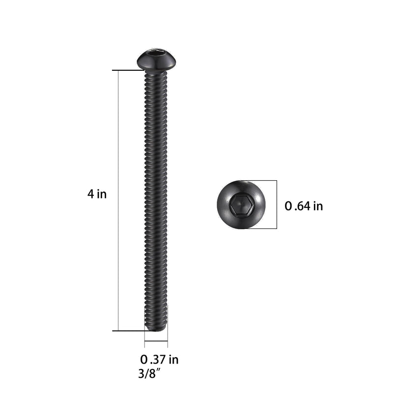Wensilon (20Pcs) 3/8-16 * 4 Button Head Socket Cap Bolts Screws, 304 Black Stainless Steel, Allen Hex Drive, Bright Finish, Fully Machine Thread F 3/8-16*4