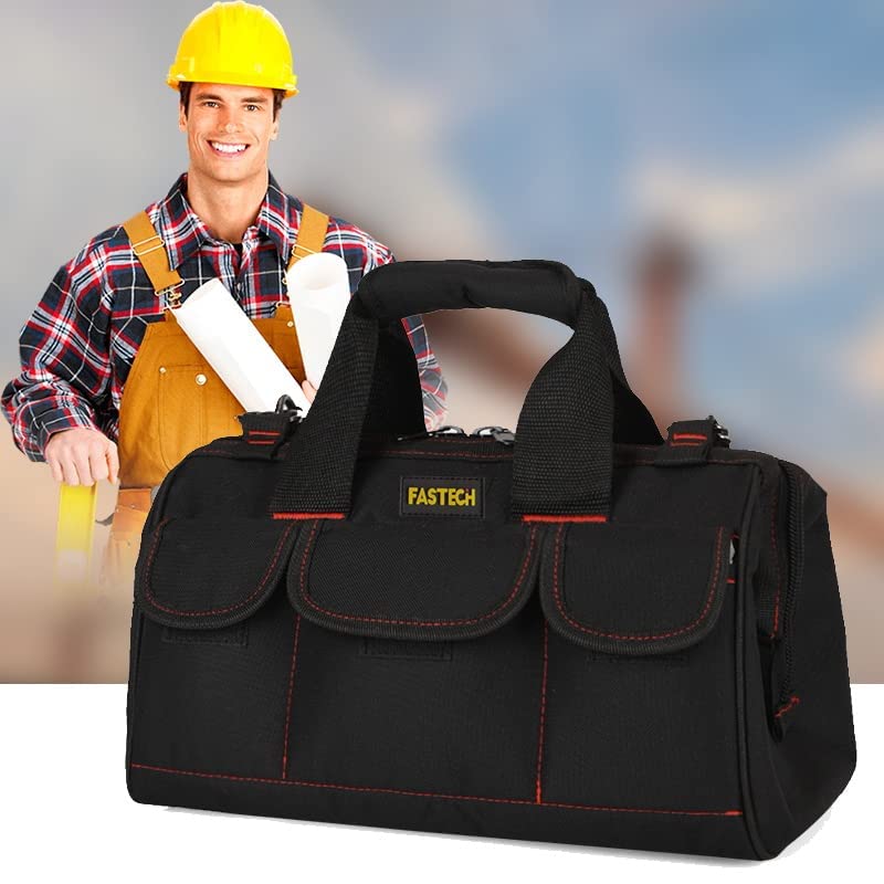 FASTECH 22-inch Heavy Duty Tools Bag With Wide Mouth For Tool Storage, Carrier and Organizer, Tote Bag for Men, Wide Mouth Tool Bag With Inside Pockets (22Inch) Red