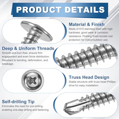 100Pcs #8x1-1/2 Sheet Metal Screws 410 Stainless Steel Silver #10x1-1/4" 200