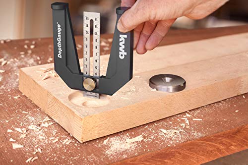 kwb Depth Gauge for Routers and Table Saws, 118 x 128 x 22 mm | Analog setting gauge | 2 measuring scales in cm and inches | Infinitely adjustable | Stainless steel measuring tongue | Incl. locking screw