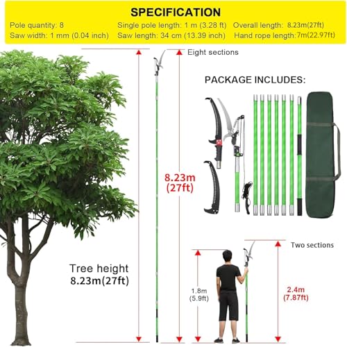 27 Feet Tree Pole Pruner Manual Branches Trimmer Tree Branch Garden Tools Loppers Hand Pole Saws Extendable Height Adustable System for Sawing and Shearing 27FT