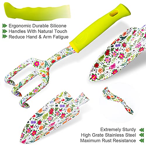 Garden Tool Set 9 Piece Heavy Duty Aluminum Gardening Hand Tools Kit Cute Gardening Supplies with Non-Slip Rubber Grip Gift for Women/Parent Green