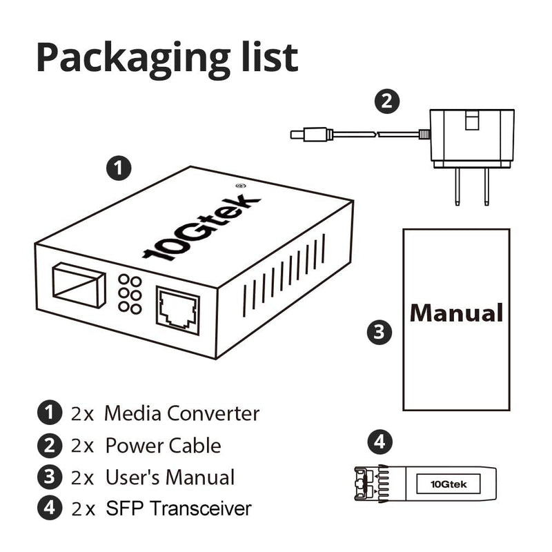 10Gtek Gigabit Ethernet Media Converter, MultiMode Dual LC Fiber to Ethernet RJ45 Converter for 10/100/1000Base-Tx to 1000Base-SX(with a SFP MMF 850-nm Module), UL Certified, up to 550-m, Pack of 2 MMF, 550m Power Outside X2