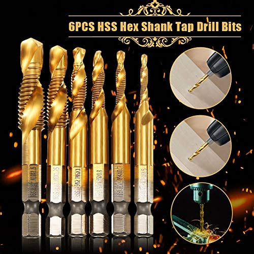Drill Tap Set 6 Pieces Titanium Coated HSS Drill Bit M3-M10 1/4 Inch Hex Shank for Lathe Machine Tap Cutting