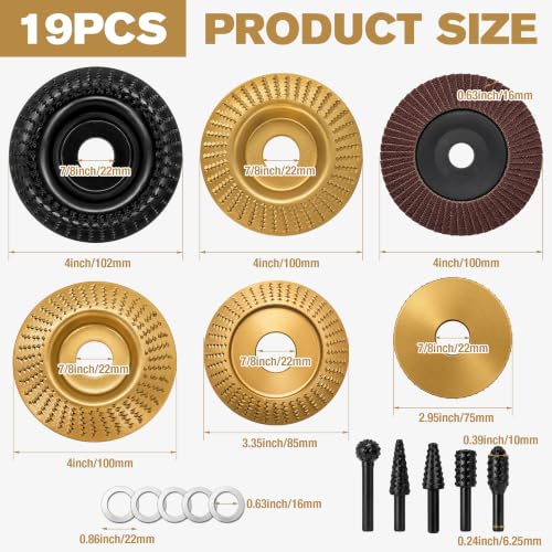 5Pcs Wood Carving Disc Set for 4-4.5 Inch Angle Grinder, Carbon Steel Wood Grinding Wheel with Stump Grinder Disc & Polishing Sandpaper for DIY Woodworking