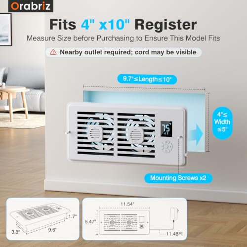 AC Vent Booster Fan 4" x 10" Register, Improves Airflow for Rooms White 4" x 10"