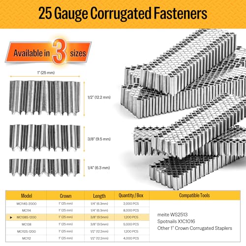 meite Corrugated Fasteners MC138, 1-Inch Crown, 3/8" Length, 1,200 PCS 3/8" 1,200 Counts