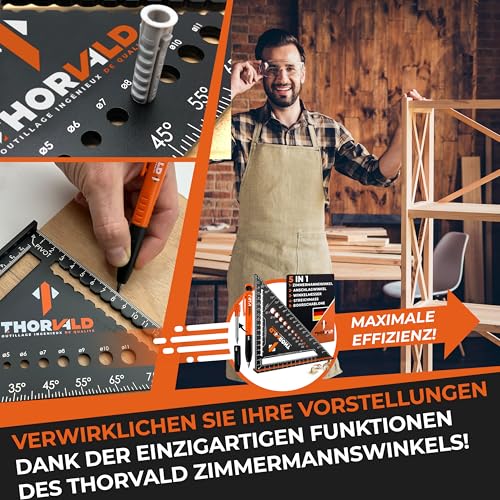 THORVALD Zimmermannswinkel 5-in-1 - Protractor Try Square + Deep Hole Marker - Aluminum Angle with 180 mm Side Length for Precise Marking & Drawing / Multifunctional Perfect to Save Time Angle 180 mm + pencil