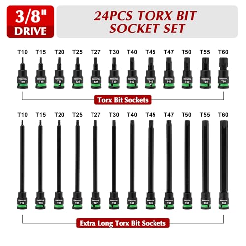 EMENTOL 24PCS 3/8" Drive Impact Torx Bit Socket Set, Extra Long Star Bit Sockets, T10-T60, Cr-V and S2 Alloy Steel Torx Bit T10-T60