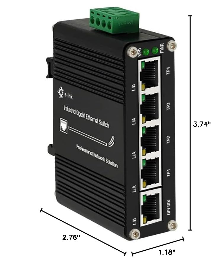 Mini Industrial 5 Ports Gigabit Switch Hardened 5 Port RJ45 10/100/1000Mbps Ethernet Switch Din Rail Mount Ethernet Switch Wall Mounts Included (-40 to 167 ºF) 10Gbps Switching Capacity 5 Ports Switch