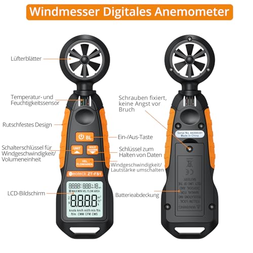 Neoteck Digital Anemometer Handheld with LCD Display Measuring Humidity, Temperature, Speed Meter Portable CFM Wind Gauge for Shooting, Boating, Kite Climbing, Mountaineering