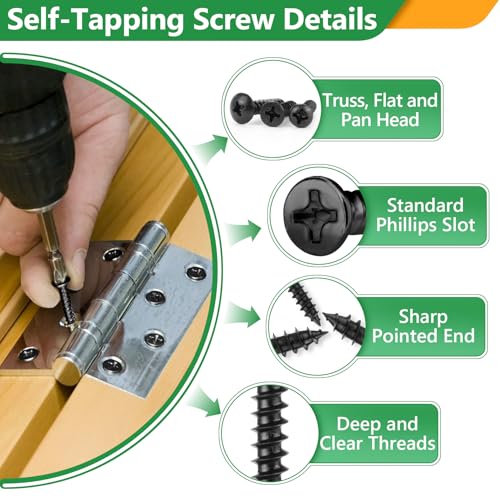 260 Pieces Phillips Pan Head Self-Tapping Screws, Wood Screws Assortment Kit, Black Carbon Steel, M3/M4/M5/M6 and 1500PCS M2 M3 M4 M5 M6 Hex Button Head Cap Metric Bolts and Nuts Kit