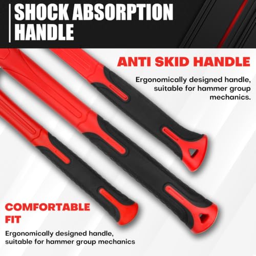C&T 5-Piece Hammer Set, 16oz Ball Peen Hammer | 32oz Ball Peen Hammer | 32oz Rubber Mallet | 3lb Sledge Hammer | 3lb Cross Peen, Fiberglass Handle & Mallet Set 5pc