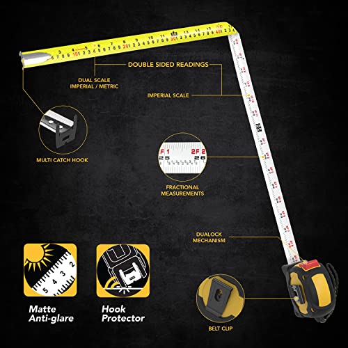 LEXIVON [4-Pack] 16Ft/5m DuaLock Tape Measure | 1-Inch Wide Blade with Nylon Coating, Matte Finish White & Yellow Dual Sided Rule Print | Ft/Inch/Fractions/Metric (LX-207X4) 16 ft / 5 m (pack of 4)