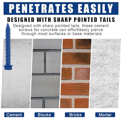 MorningRo 200 Qty 1/4" x 1-3/4" Hex Head Concrete Screws Anchor with Drill Bits Blue Slotted Hex Screws for Anchor Masonry, Block, Brick, Cement, Stucco, Diamond Point and Wood Fastening 1/4" X 1-3/4"