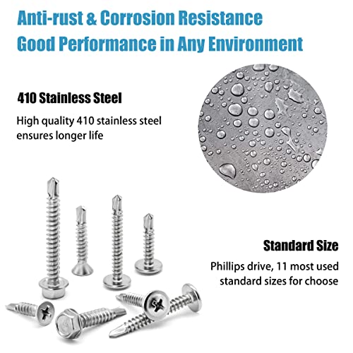 410 Stainless Steel Self Tapping Screws for Metal, #8#10 Self Drilling Assortment Set, 425PCS Truss, Hex & Flat Head Sheet Metal Screws, Length 1/2" to 2" Silver