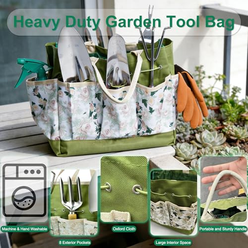 Garden Tool Set, 9 Pcs Heavy Duty Stainless Steel Gardening Hand Tool, Green Garden Tool Bag Kit, Gardening Supplies Gifts for Women Men Mom Dad Gardener Beginner Green-Yellow Flower