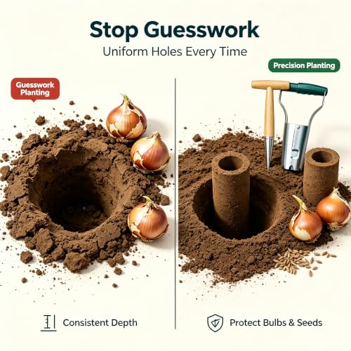 6PCS Bulb Planter and Dibber Tool Set, Transplanter with Depth Markers and Automatic Soil Release, Wood Handle Seed Planter Dibber for Planting Flowers, Tulips, Daffodils, Vegetables