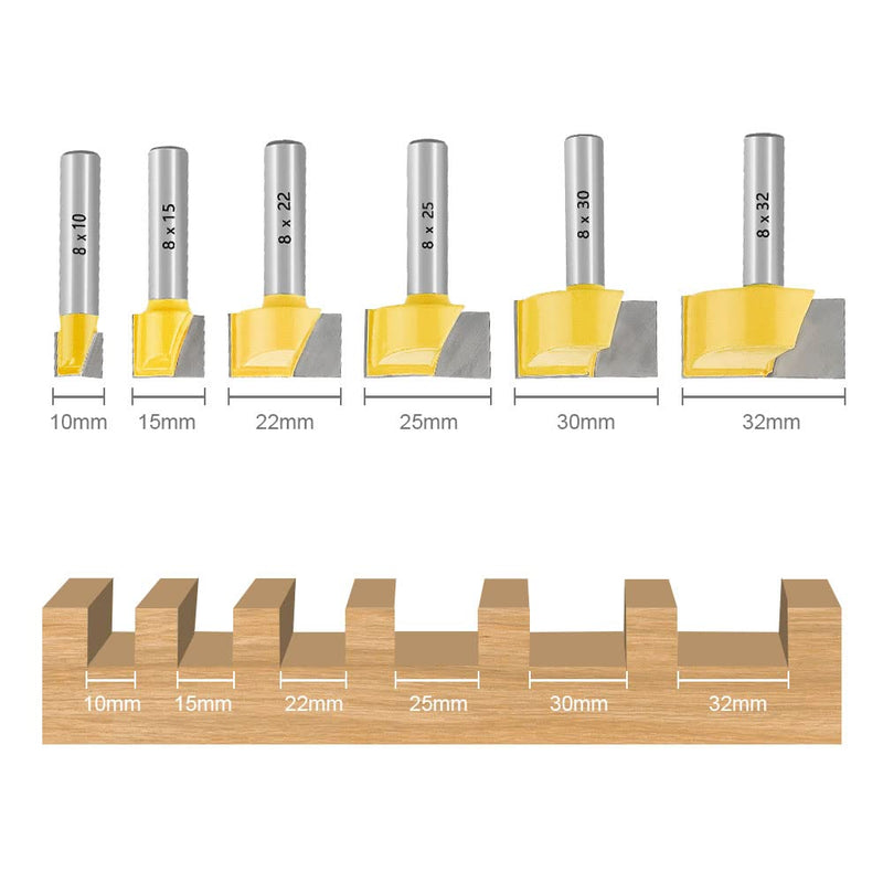 Groove cutter HM set 6 pieces. Diameter 8 mm shaft floor cleaning cutter 10/15/22/25/30/32 mm slot cutter wood cutter face cutter carbide basic cutting edge