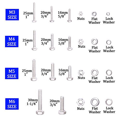 Glarks 665Pcs M3 M4 M5 M6 Stainless Steel Flat Hex Head Screws Bolts Nuts and Flat Gasket Spring Washers Assortment Set