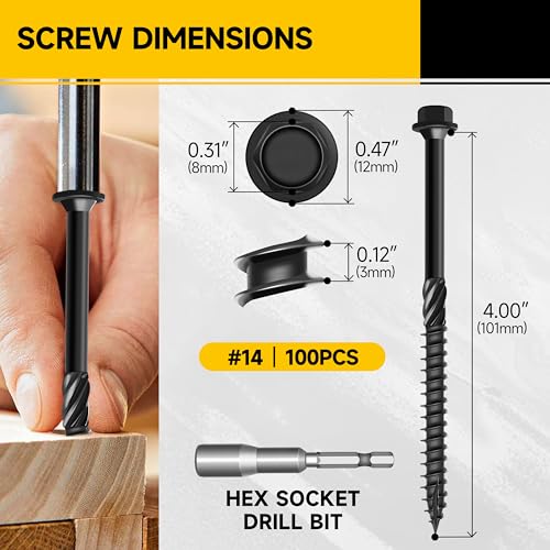 MYWISH (20Sets) 1/4" x 2-1/2" Hex Head Lag Bolts & 100Pcs 4 Inch Wood Screws, #14 x 4 Heavy Duty Outdoor Wood Screws Assortment Kit Deck Screws, Black Timber Screws Lag Bolts