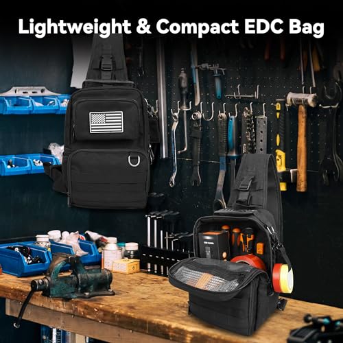 Small Tool Bag, Shoulder Tool Bag Organizer for Electricians, Small Tactical Sling Bag for Men, Heavy Duty Compact Tool Chest Bag with Multi-Pocket Organization & MOLLE System(Black 12 Inch) Black
