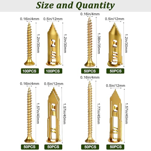 500 Pcs Self Drilling Drywall Anchors with Screws Kit 2 Sizes Sheetrock Anchors & 4 Sizes Zinc Expansion Screws Heavy Duty Drywall Anchor for Shelf, Mirror, Cabinet, No Drilling Required