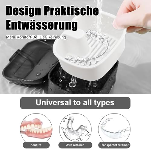 Pack of 2 Denture Box, Portable Denture Box, Denture Box with Hanging, Portable for Storage and Cleaning Dummies and Braces (Black, White)