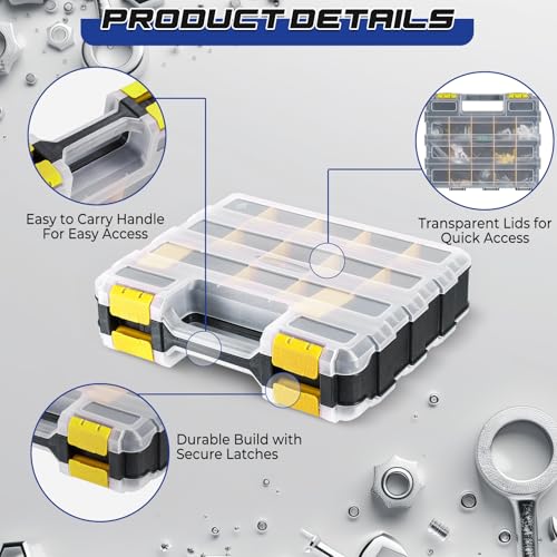 NATGAI 2 Pack Small Parts Organizers, 34-Compartments Double-Sided Tool Box with Removable Dividers for Hardware, Screws, Bolts, Nails & Fishing Accessories, Durable Plastic Storage Case (Yellow) Yellow