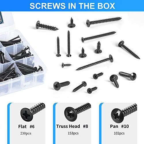 SATANTECH 485Pcs Black Wood Screws Assortment Kit, #6#8#10 Round Head & Truss Head & Flat Head, Self Tapping Screws, 20 Sizes Black Steel Length 1/2 to 2 inch #6#8#10 Truss/Round/Flat Head