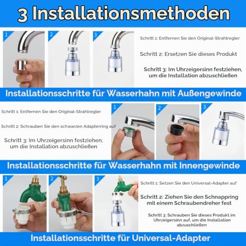 MplehDa 2 Pieces Water Filter for Tap, 360° Filter, with 4 Pieces Cotton Filter Element, Extension, Descaler Attachment Kitchen Bathroom (B) B