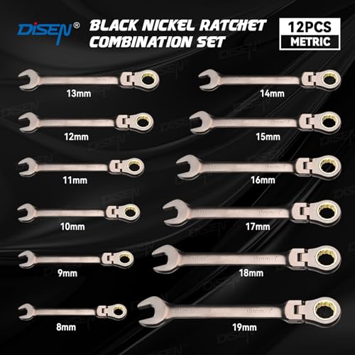 DISEN 12 Pcs Flex Head Ratcheting Wrench Set 90 Teeth, Metric Combination Ratchet Wrenches Set 8-19MM, Nickel Plating Cr-VSteel with Organizer Rack 12pc MM Flex