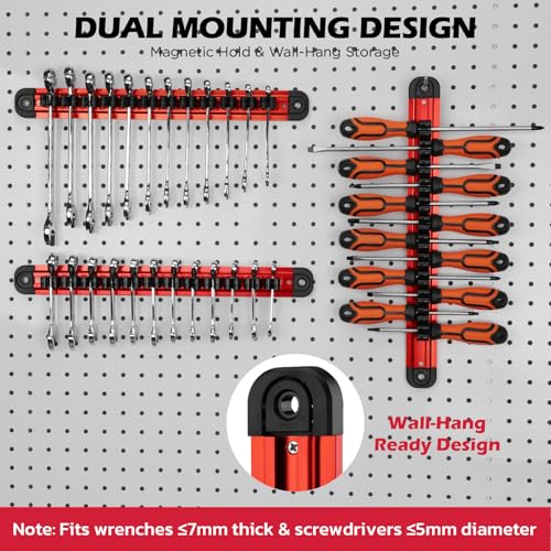 3-Piece Magnetic Screwdriver Organizer and Wrench Organizer, 42-Slot Screwdriver and Wrench Holder, Magnetic Aluminum Rail Tool Organizer for Tool Box Drawer Wall-Mount Storage,Red(Tools not Included) 3-Pack Red (42-Slot) Pro Set
