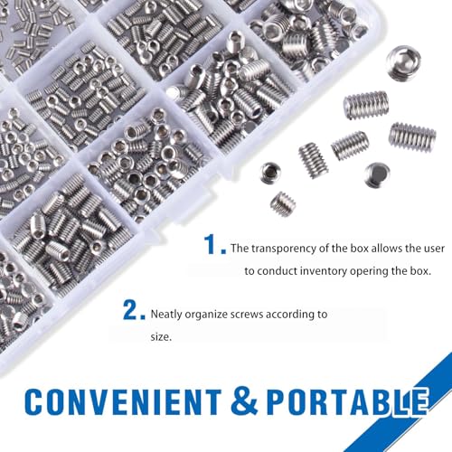 AXK 666Pcs Flat Point Set Screw Stainless Steel Hexagon Socket Grub Screw Kit M2 M3 M4 M5 M6 M8 Headless Screw Set Assortment Kit 666PCS Stainless Steel
