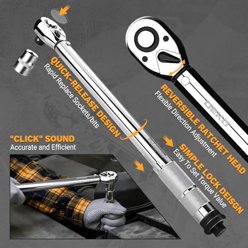 DEKOPRO Torque Wrench 1/2 Inch Drive Click, 10-170 Ft-Lb/13.5-229 Nm Car Torque Wrench, ±3% High Precision, 72 Tooth Torque Wrenches with Dual-Direction Adjustable for Bicycle, Car, Moto 1/2 Inch (10-170 ft.-lb.)