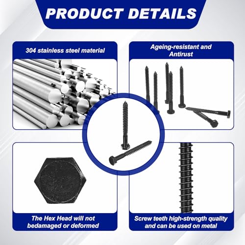 Blulu 60 Pcs 5/16" x 3" Hex Head Lag Screws 304 Stainless Steel Lag Bolts for Wood Plain Finish Hexagon Head Wood Screws (Black) 5/16" x 3" Black