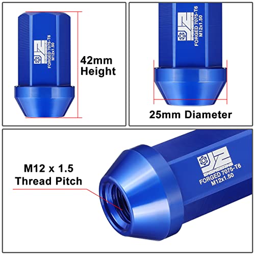 J2 Engineering J2-LN-T7-038-15-BL M12 x 1.5 T6-7075 Aluminum 42mm Closed End Lug Nuts w/Deep Drive Extension Adapter,Blue