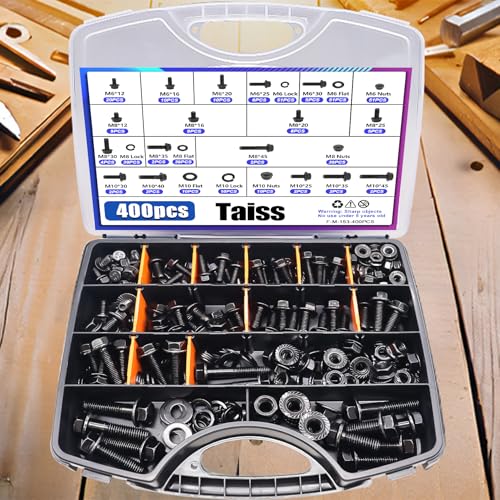 Taiss 400PCS Metric Flange Bolt Assortment kit,M6x1.0 Bolt, M8x1.25 Bolt, M10x1.5 Bolt (12mm to 45mm) 10.9 Black zinc Plating +966pcs Grade 8.8 Metric Bolt Assortment