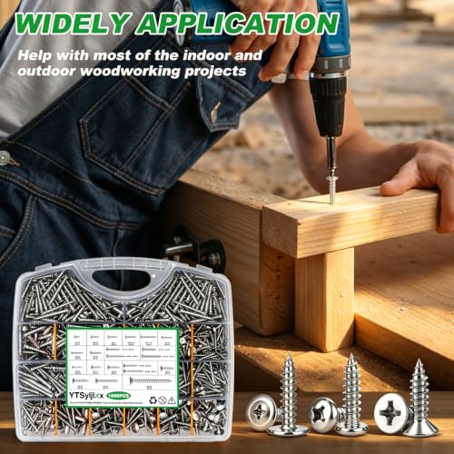 1000PCS Wood Screws Assortment Kit,#8/M3/M4/M5/M6 Assorted 304 Stainless Steel Marine Grade Screws,Pan & Flat & Phillips Truss Head Assorted Screws(1/2" to 2" Length) Silver-1000PCS
