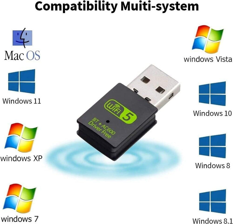 Bluetooth Dongle, WLAN USB Stick 600Mbps USB WiFi Bluetooth Adapter PC Dual Band 2.4GHz/5GHz Wireless Wi-Fi Network Card