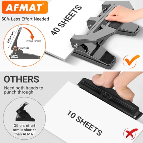 AFMAT Heavy Duty 3 Hole Punch, 40-Sheet Three Hole Puncher for Binder, 50% Reduced Effort Paper Punch, 10K+ Uses, Office Metal Hole Puncher 3 Ring w/Large Tray, Bulit-in S.S. Paper Guide, HPX2(Gray) Gray 40-Sheet Capacity