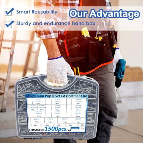 smseace 1500Pcs Pop Rivets with 304 Stainless Steel Washers Assortment Kit Packed in Handheld Box 14-Sizes (3/32" 1/8" 5/32" 3/16"1/4") Assorted Blind Rivets for Metal,Furniture,Automotive,Instrument Silver Aluminum 1500pcs 14-Sizes